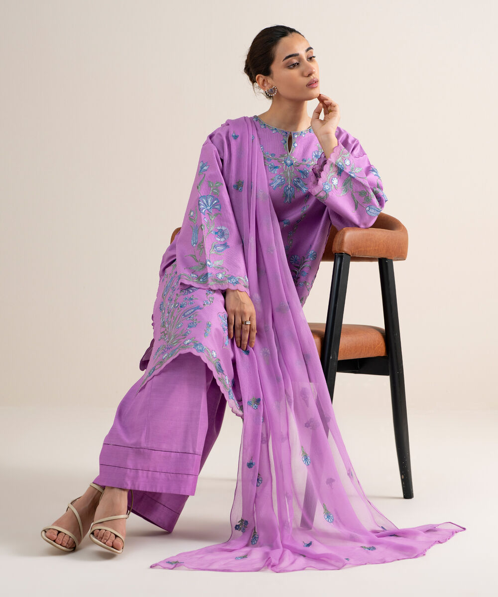 Women's Unstitched Cotton Net Embroidered Purple 3 Piece Suit